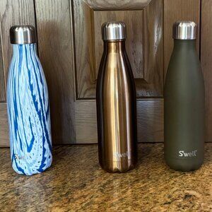 3 SWELL Stainless Steel Water Bottles 17oz Copper+Khaki Green+Blue Sail/Swirl